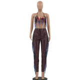 Plus Size Tassel Halter Bra Top+PU Leather Pants 2 Piece Sets OSIF-21480