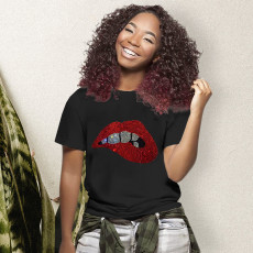 Lip Hot Drilling O Neck Short Sleeve T Shirt WAF-800011