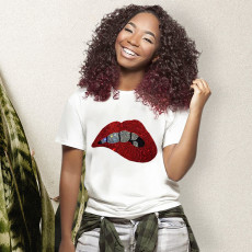 Lip Hot Drilling O Neck Short Sleeve T Shirt WAF-800011