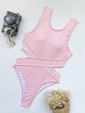 Solid Hollow Out Bikini One Piece Swimsuit CASF-6289