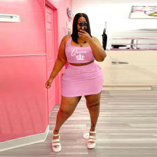 Plus Size Queen Letter Print Tank Top Mini Skirt 2 Piece Sets WAF-7211147