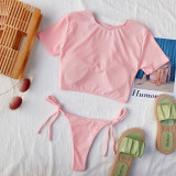 Solid Color Short Sleeve Sexy Cutout Swimsuit Two Piece Set CSYZ-B296W