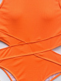 Solid Hollow Out Bikini One Piece Swimsuit CASF-6289