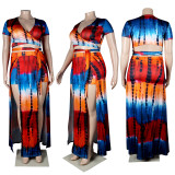Plus Size Sexy Printed Short Sleeve Split Maxi Skirt Sets NY-2116