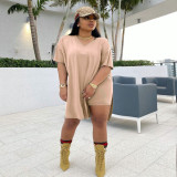 Plus Size Solid Split Top And Shorts 2 Piece Sets NY-2095