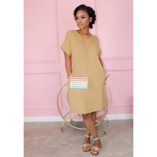 Solid V Neck Short Sleeve Casual Dress NY-8896