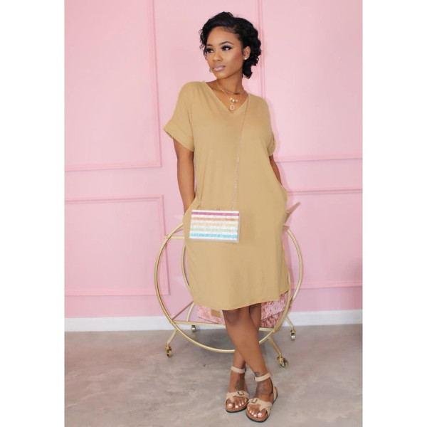 Solid V Neck Short Sleeve Casual Dress NY-8896