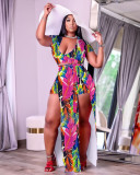 Plus Size Sexy Printed Short Sleeve Split Maxi Skirt Sets NY-2116