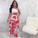 Geometric Print One Shoulder Wide Leg Pants 2 Piece Sets NY-6002