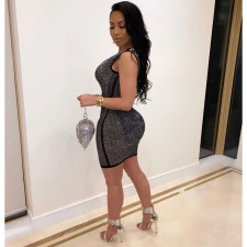 Plus Size Black Sexy Hot Drilling See Through Club Dress NY-8885