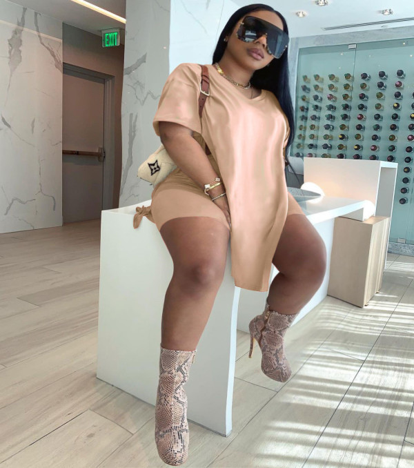 Plus Size Solid Split Top And Shorts 2 Piece Sets NY-2095