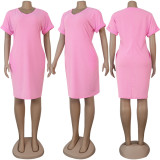 Solid V Neck Short Sleeve Casual Dress NY-8896