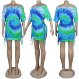Tie Dye Print Short Sleeve Lace-Up Mini Dress NY-8889