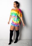 Tie Dye Print Short Sleeve Lace-Up Mini Dress NY-8889