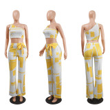 Geometric Print One Shoulder Wide Leg Pants 2 Piece Sets NY-6002