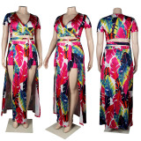 Plus Size Sexy Printed Short Sleeve Split Maxi Skirt Sets NY-2116