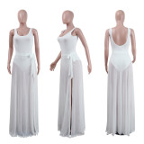 Solid Bodysuit+Mesh Long Skirt Beach 2 Piece Sets NY-8596