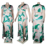 Plus Size Sexy Printed Short Sleeve Split Maxi Skirt Sets NY-2116