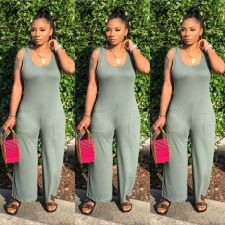 Plus Size Solid Sleeveless Wide Leg Jumpsuit NY-8839