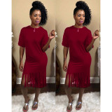 Plus Size Solid Tassel O Neck Short Sleeve Midi Dress NY-8837