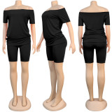 Plus Size Solid Slash Neck Two Piece Shorts Set NY-8909
