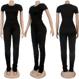 Solid Short Sleeve T Shirt Stacked Pants 2 Piece Sets NY-8895