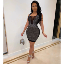 Plus Size Black Sexy Hot Drilling See Through Club Dress NY-8885