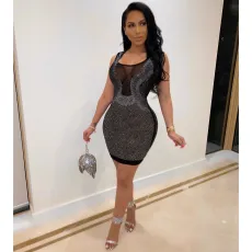 Plus Size Black Sexy Hot Drilling See Through Club Dress NY-8885