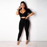Solid V Neck Two Piece Pants Set NY-8781