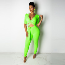 Solid V Neck Two Piece Pants Set NY-8781