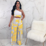 Geometric Print One Shoulder Wide Leg Pants 2 Piece Sets NY-6002