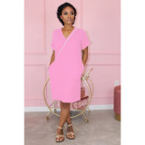 Solid V Neck Short Sleeve Casual Dress NY-8896