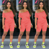Plus Size Solid Slash Neck Two Piece Shorts Set NY-8909