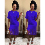 Plus Size Solid Tassel O Neck Short Sleeve Midi Dress NY-8837