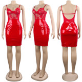 Sexy Lace PU Leather Patchwork Sling Club Dress NY-8722