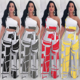 Geometric Print One Shoulder Wide Leg Pants 2 Piece Sets NY-6002