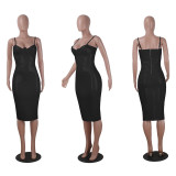 PU Leather Spaghetti Strap Club Midi Dress NY-8418
