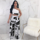 Geometric Print One Shoulder Wide Leg Pants 2 Piece Sets NY-6002