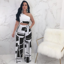Geometric Print One Shoulder Wide Leg Pants 2 Piece Sets NY-6002