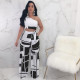 Geometric Print One Shoulder Wide Leg Pants 2 Piece Sets NY-6002