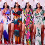Plus Size Sexy Printed Short Sleeve Split Maxi Skirt Sets NY-2116