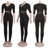 Solid V Neck Two Piece Pants Set NY-8781