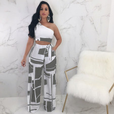 Geometric Print One Shoulder Wide Leg Pants 2 Piece Sets NY-6002