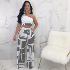 Geometric Print One Shoulder Wide Leg Pants 2 Piece Sets NY-6002