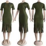 Plus Size Solid Tassel O Neck Short Sleeve Midi Dress NY-8837