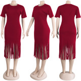 Plus Size Solid Tassel O Neck Short Sleeve Midi Dress NY-8837