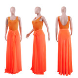 Solid Bodysuit+Mesh Long Skirt Beach 2 Piece Sets NY-8596