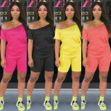 Plus Size Solid Slash Neck Two Piece Shorts Set NY-8909
