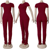 Solid Short Sleeve T Shirt Stacked Pants 2 Piece Sets NY-8895