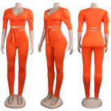 Solid V Neck Two Piece Pants Set NY-8781